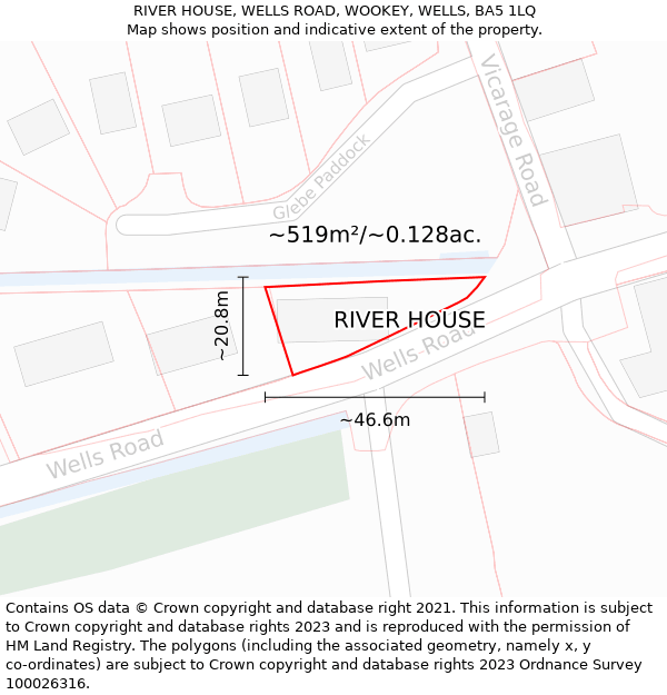 RIVER HOUSE, WELLS ROAD, WOOKEY, WELLS, BA5 1LQ: Plot and title map