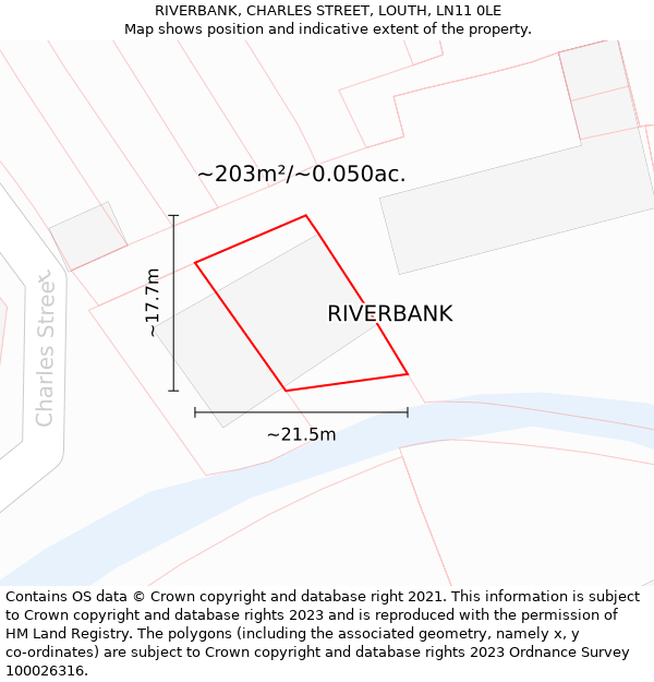 RIVERBANK, CHARLES STREET, LOUTH, LN11 0LE: Plot and title map