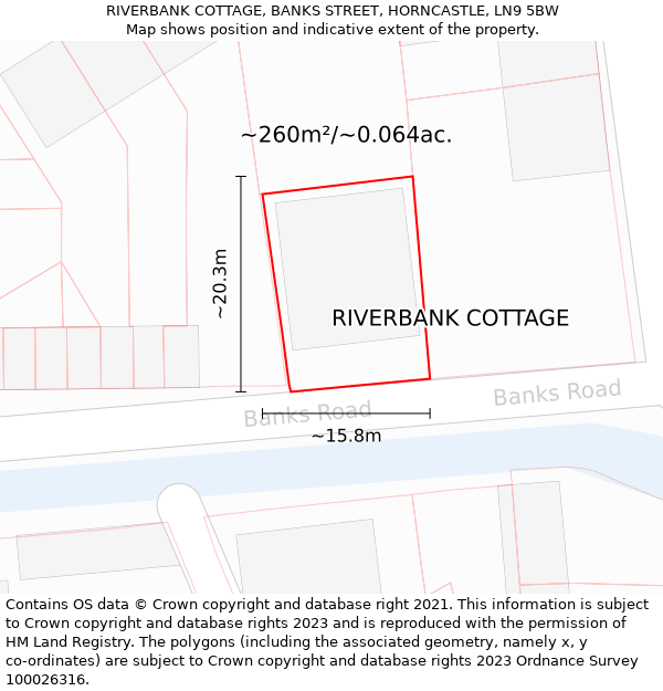 RIVERBANK COTTAGE, BANKS STREET, HORNCASTLE, LN9 5BW: Plot and title map