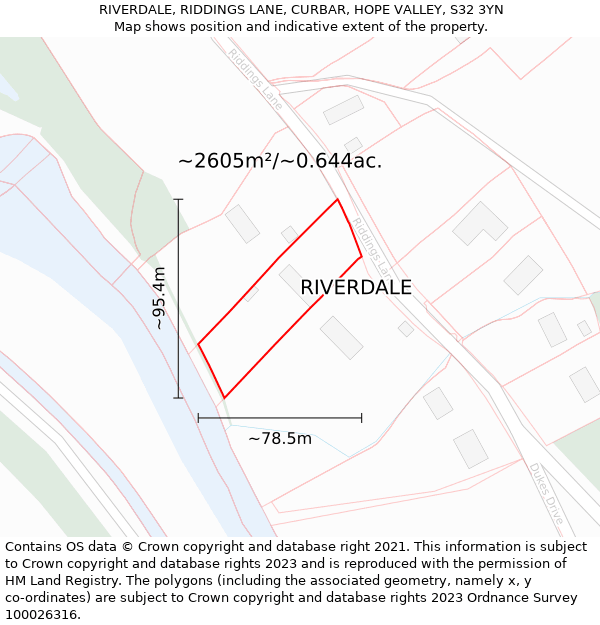 RIVERDALE, RIDDINGS LANE, CURBAR, HOPE VALLEY, S32 3YN: Plot and title map