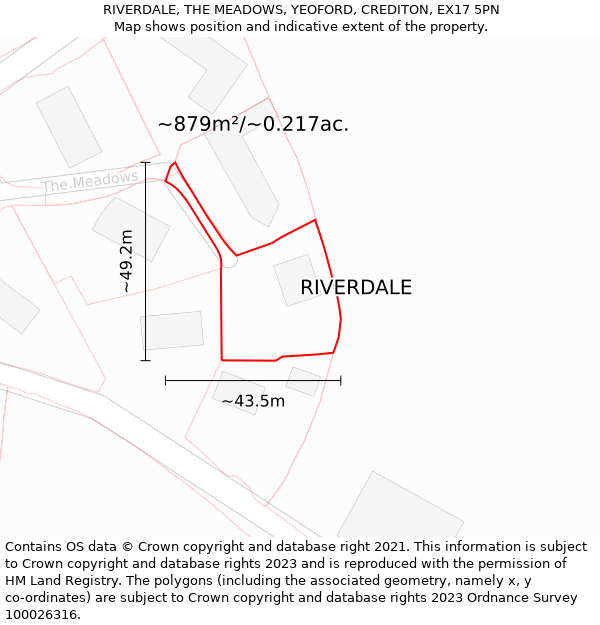 RIVERDALE, THE MEADOWS, YEOFORD, CREDITON, EX17 5PN: Plot and title map