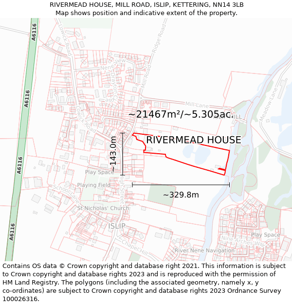 RIVERMEAD HOUSE, MILL ROAD, ISLIP, KETTERING, NN14 3LB: Plot and title map