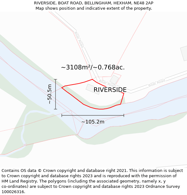 RIVERSIDE, BOAT ROAD, BELLINGHAM, HEXHAM, NE48 2AP: Plot and title map