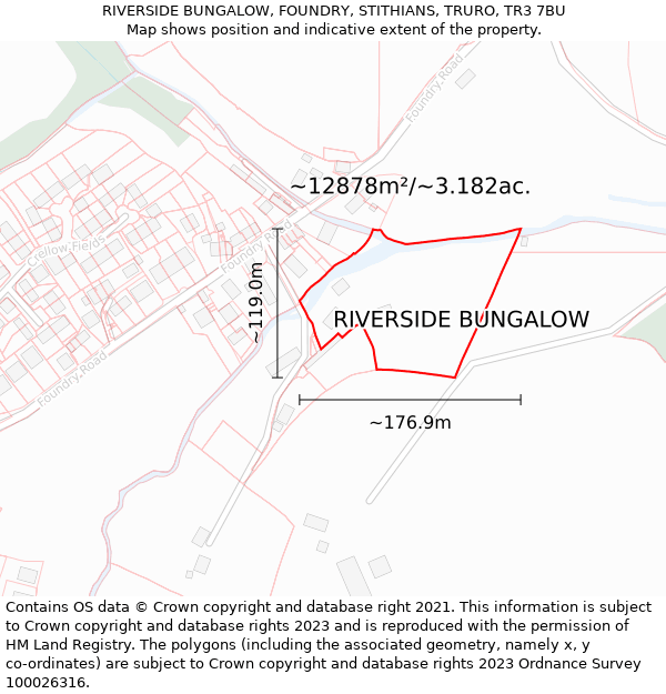 RIVERSIDE BUNGALOW, FOUNDRY, STITHIANS, TRURO, TR3 7BU: Plot and title map