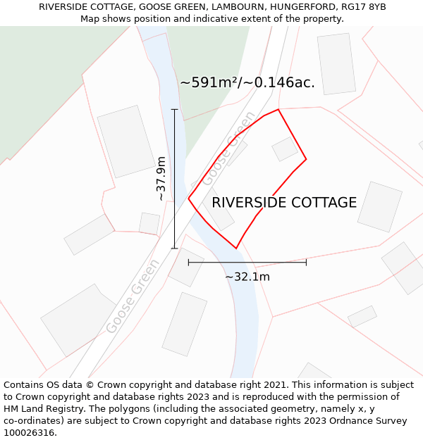 RIVERSIDE COTTAGE, GOOSE GREEN, LAMBOURN, HUNGERFORD, RG17 8YB: Plot and title map