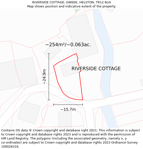 RIVERSIDE COTTAGE, GWEEK, HELSTON, TR12 6UA: Plot and title map