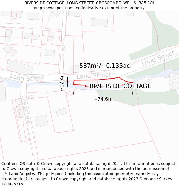 RIVERSIDE COTTAGE, LONG STREET, CROSCOMBE, WELLS, BA5 3QL: Plot and title map