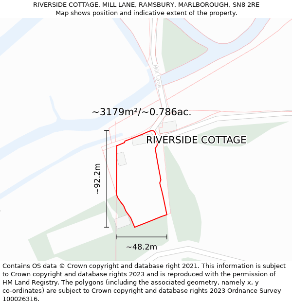 RIVERSIDE COTTAGE, MILL LANE, RAMSBURY, MARLBOROUGH, SN8 2RE: Plot and title map