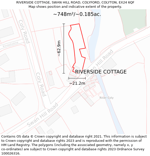 RIVERSIDE COTTAGE, SWAN HILL ROAD, COLYFORD, COLYTON, EX24 6QF: Plot and title map