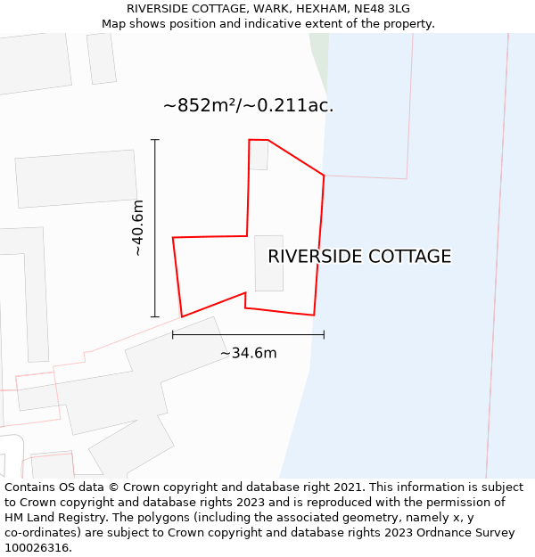 RIVERSIDE COTTAGE, WARK, HEXHAM, NE48 3LG: Plot and title map