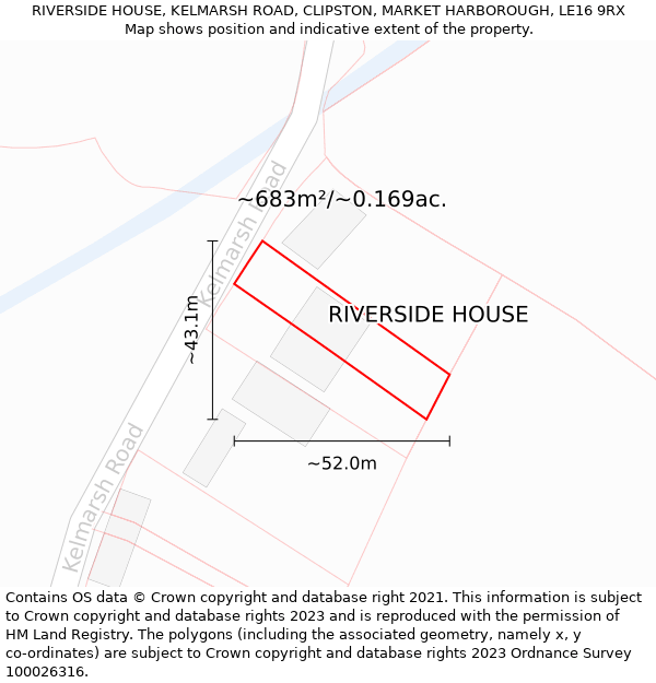 RIVERSIDE HOUSE, KELMARSH ROAD, CLIPSTON, MARKET HARBOROUGH, LE16 9RX: Plot and title map