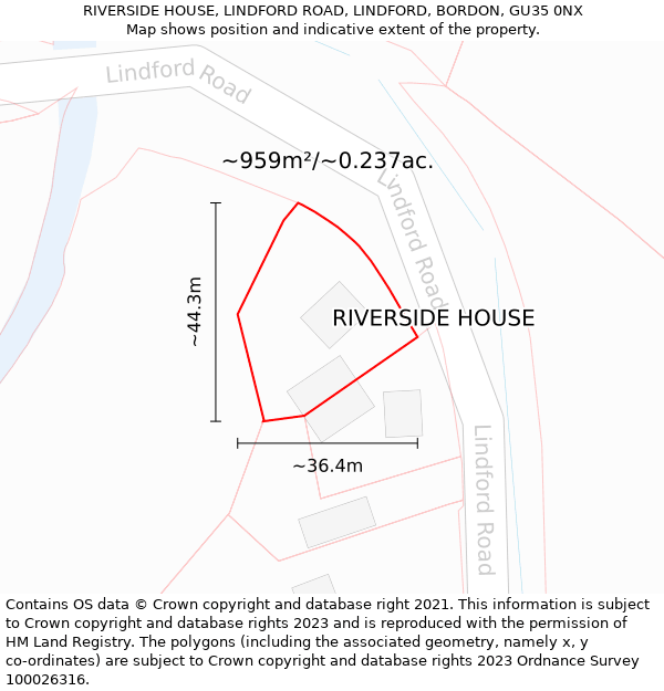 RIVERSIDE HOUSE, LINDFORD ROAD, LINDFORD, BORDON, GU35 0NX: Plot and title map