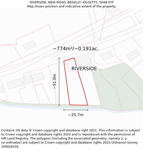 RIVERSIDE, NEW ROAD, BEGELLY, KILGETTY, SA68 0YF: Plot and title map