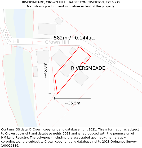 RIVERSMEADE, CROWN HILL, HALBERTON, TIVERTON, EX16 7AY: Plot and title map