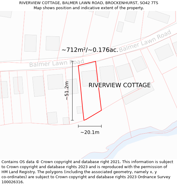 RIVERVIEW COTTAGE, BALMER LAWN ROAD, BROCKENHURST, SO42 7TS: Plot and title map