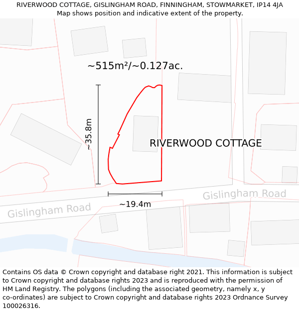 RIVERWOOD COTTAGE, GISLINGHAM ROAD, FINNINGHAM, STOWMARKET, IP14 4JA: Plot and title map