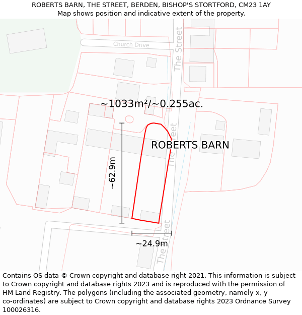 ROBERTS BARN, THE STREET, BERDEN, BISHOP'S STORTFORD, CM23 1AY: Plot and title map