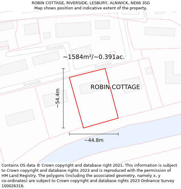 ROBIN COTTAGE, RIVERSIDE, LESBURY, ALNWICK, NE66 3SG: Plot and title map