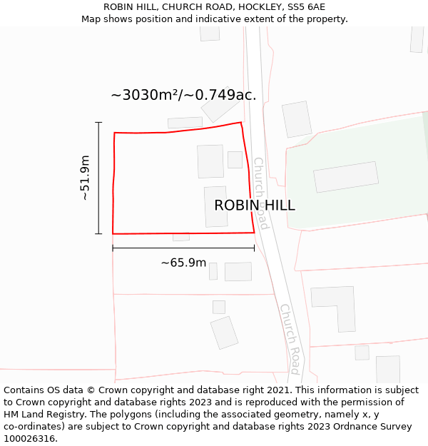 ROBIN HILL, CHURCH ROAD, HOCKLEY, SS5 6AE: Plot and title map