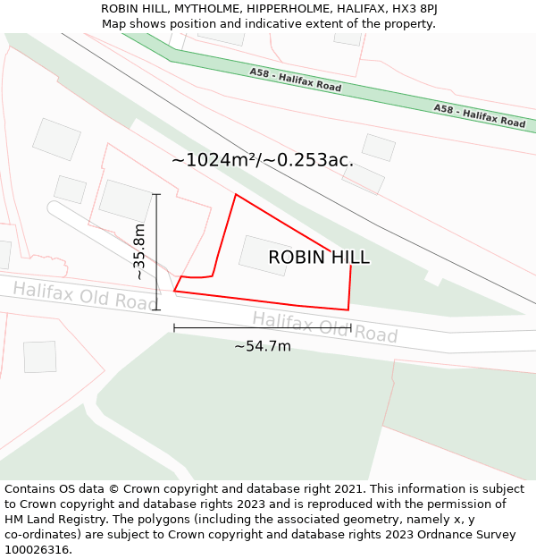 ROBIN HILL, MYTHOLME, HIPPERHOLME, HALIFAX, HX3 8PJ: Plot and title map