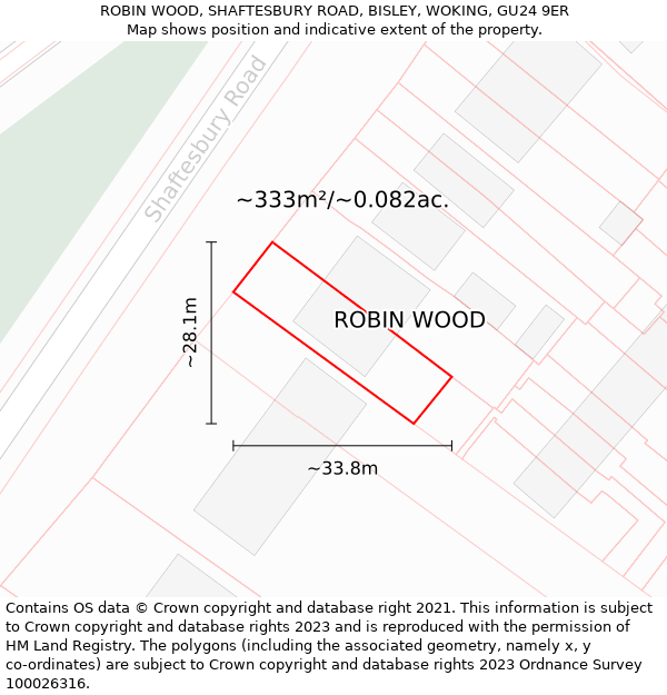 ROBIN WOOD, SHAFTESBURY ROAD, BISLEY, WOKING, GU24 9ER: Plot and title map