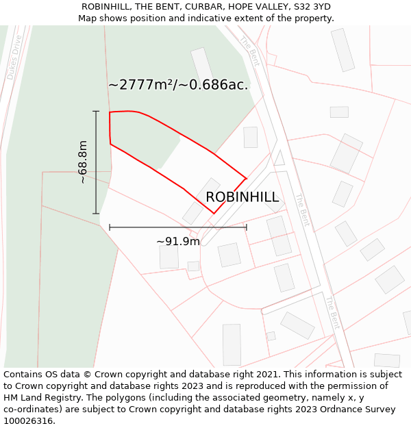 ROBINHILL, THE BENT, CURBAR, HOPE VALLEY, S32 3YD: Plot and title map