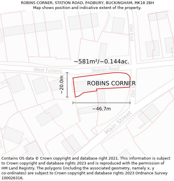 ROBINS CORNER, STATION ROAD, PADBURY, BUCKINGHAM, MK18 2BH: Plot and title map