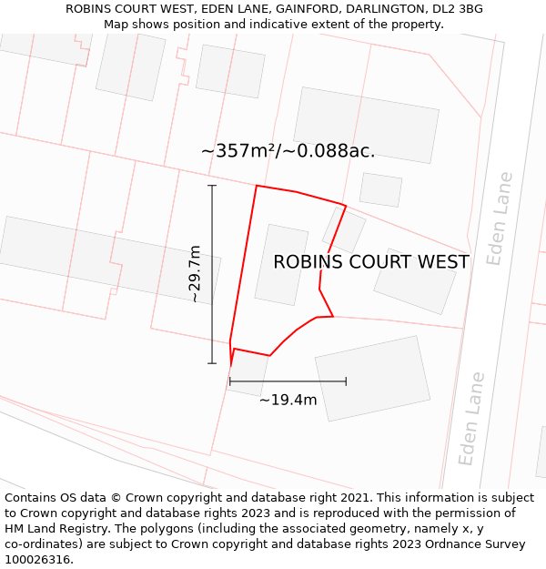 ROBINS COURT WEST, EDEN LANE, GAINFORD, DARLINGTON, DL2 3BG: Plot and title map