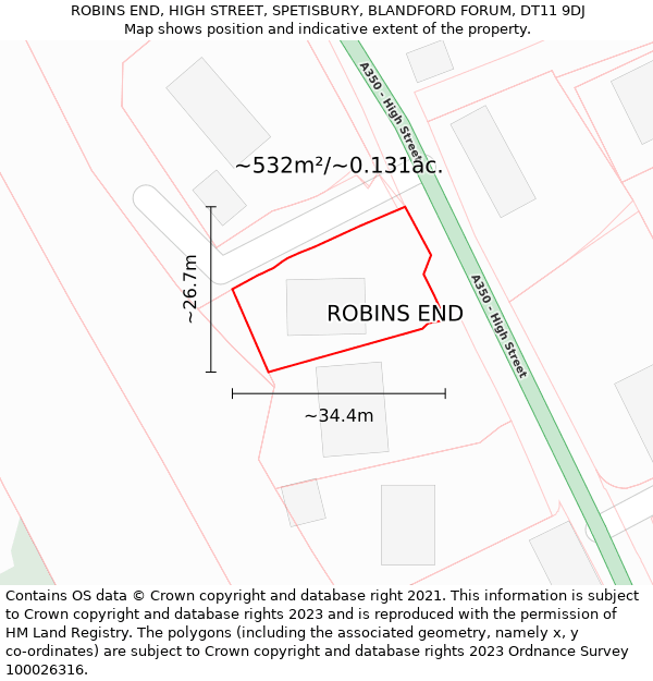 ROBINS END, HIGH STREET, SPETISBURY, BLANDFORD FORUM, DT11 9DJ: Plot and title map