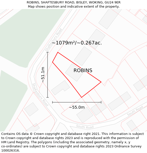 ROBINS, SHAFTESBURY ROAD, BISLEY, WOKING, GU24 9ER: Plot and title map