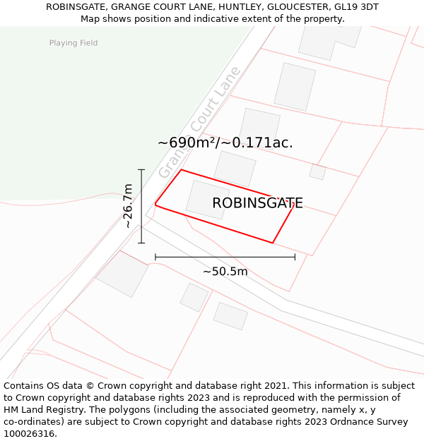 ROBINSGATE, GRANGE COURT LANE, HUNTLEY, GLOUCESTER, GL19 3DT: Plot and title map