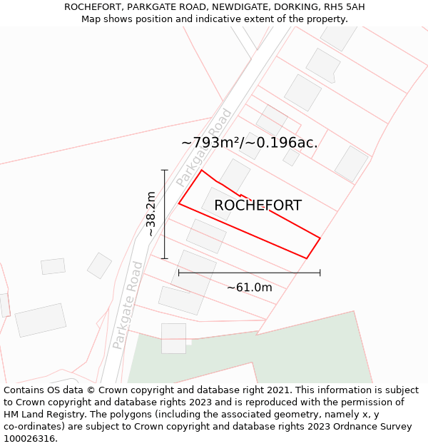 ROCHEFORT, PARKGATE ROAD, NEWDIGATE, DORKING, RH5 5AH: Plot and title map