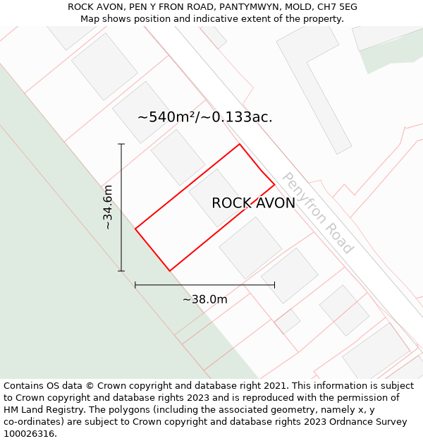 ROCK AVON, PEN Y FRON ROAD, PANTYMWYN, MOLD, CH7 5EG: Plot and title map