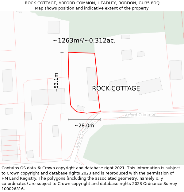 ROCK COTTAGE, ARFORD COMMON, HEADLEY, BORDON, GU35 8DQ: Plot and title map