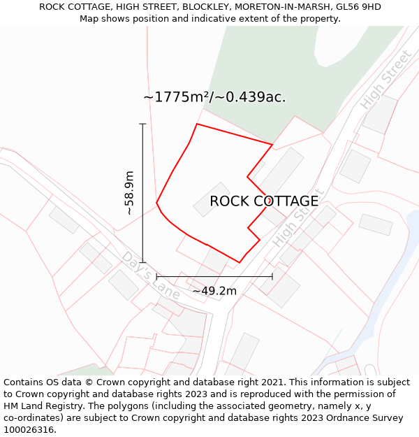 ROCK COTTAGE, HIGH STREET, BLOCKLEY, MORETON-IN-MARSH, GL56 9HD: Plot and title map