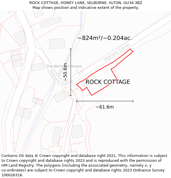 ROCK COTTAGE, HONEY LANE, SELBORNE, ALTON, GU34 3BZ: Plot and title map