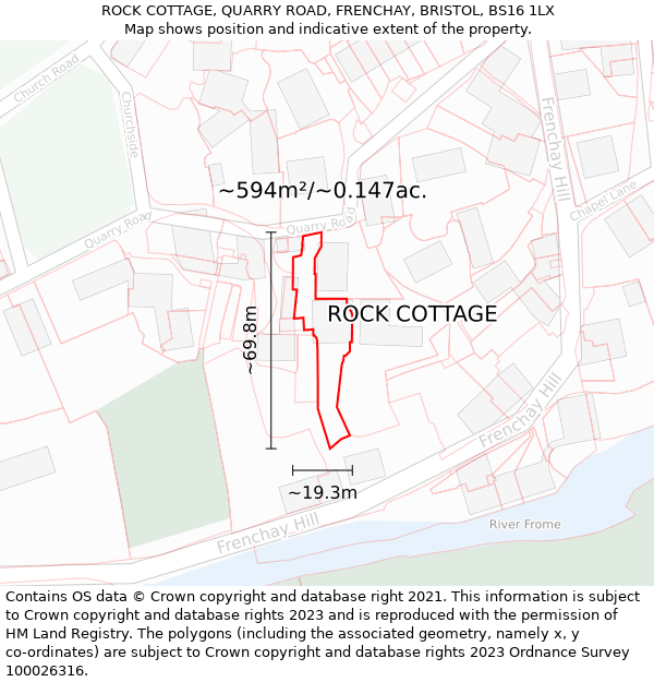 ROCK COTTAGE, QUARRY ROAD, FRENCHAY, BRISTOL, BS16 1LX: Plot and title map