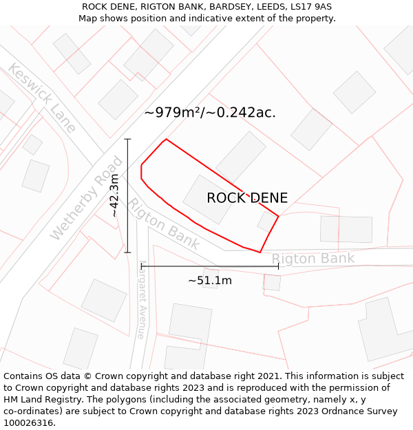 ROCK DENE, RIGTON BANK, BARDSEY, LEEDS, LS17 9AS: Plot and title map