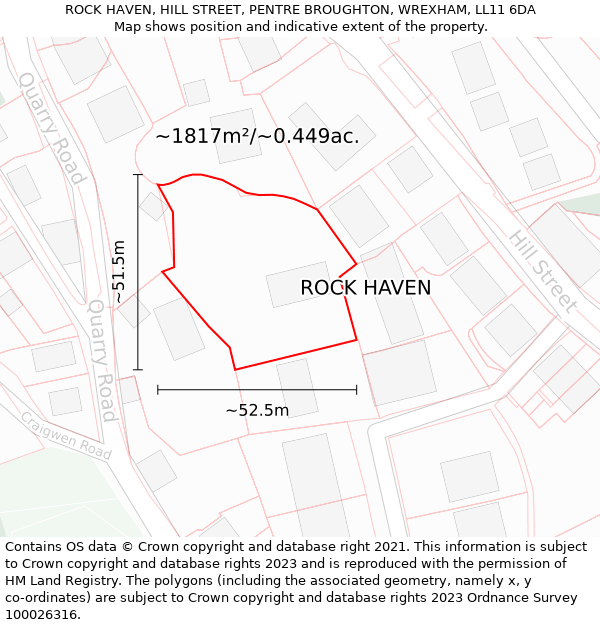 ROCK HAVEN, HILL STREET, PENTRE BROUGHTON, WREXHAM, LL11 6DA: Plot and title map