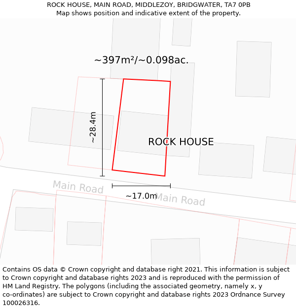 ROCK HOUSE, MAIN ROAD, MIDDLEZOY, BRIDGWATER, TA7 0PB: Plot and title map