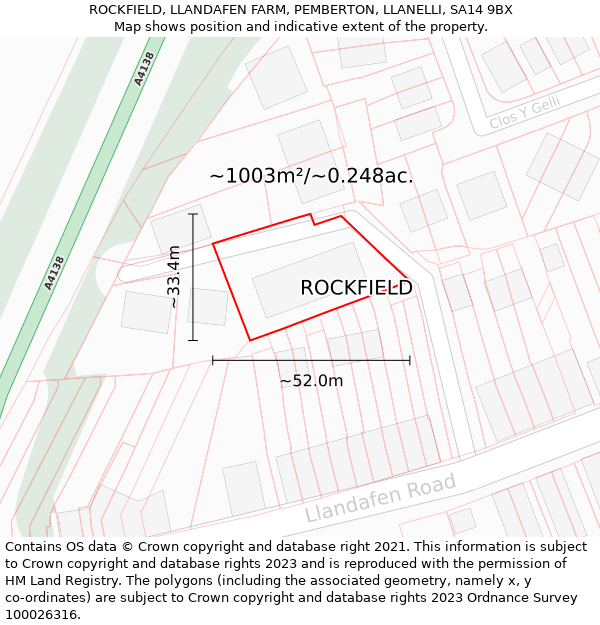 ROCKFIELD, LLANDAFEN FARM, PEMBERTON, LLANELLI, SA14 9BX: Plot and title map