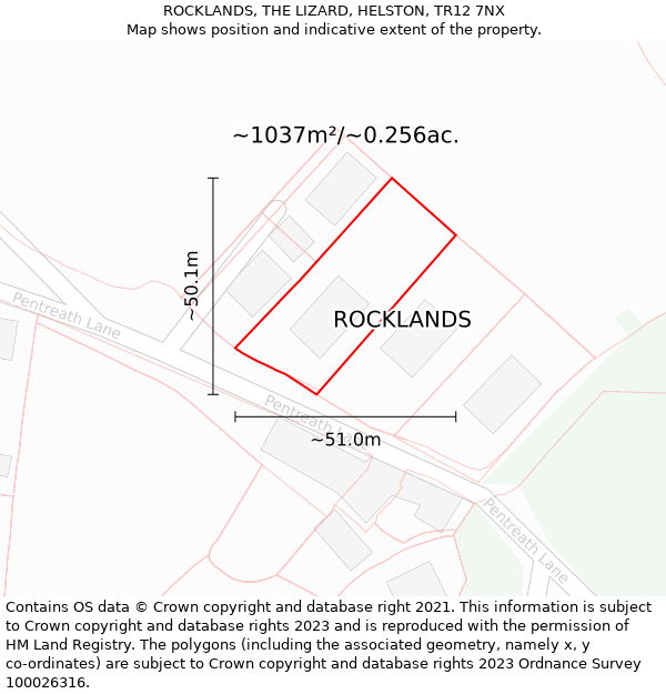 ROCKLANDS, THE LIZARD, HELSTON, TR12 7NX: Plot and title map