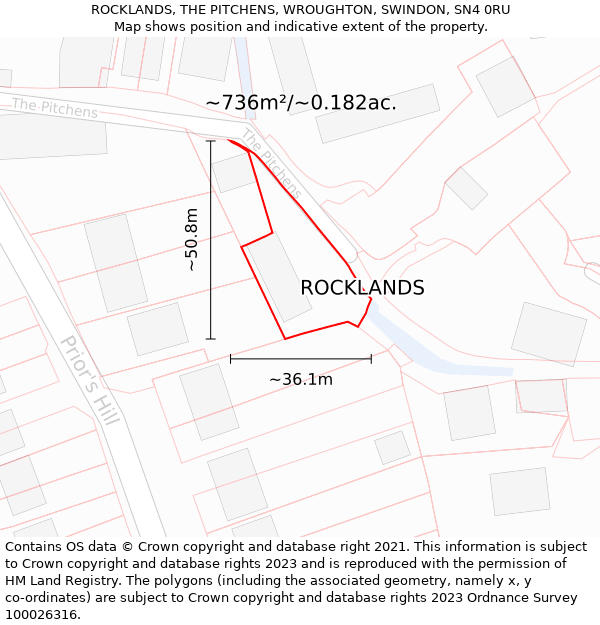 ROCKLANDS, THE PITCHENS, WROUGHTON, SWINDON, SN4 0RU: Plot and title map