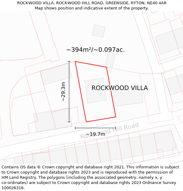 ROCKWOOD VILLA, ROCKWOOD HILL ROAD, GREENSIDE, RYTON, NE40 4AR: Plot and title map