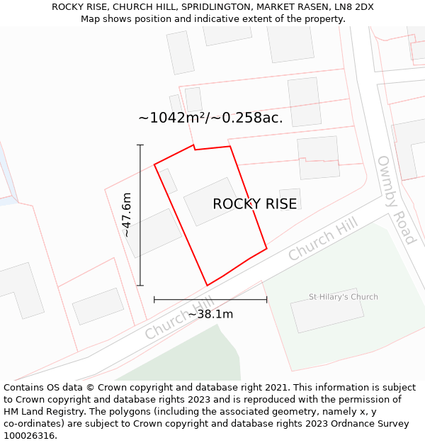 ROCKY RISE, CHURCH HILL, SPRIDLINGTON, MARKET RASEN, LN8 2DX: Plot and title map