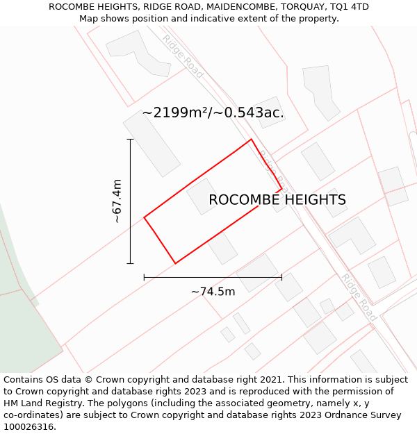 ROCOMBE HEIGHTS, RIDGE ROAD, MAIDENCOMBE, TORQUAY, TQ1 4TD: Plot and title map