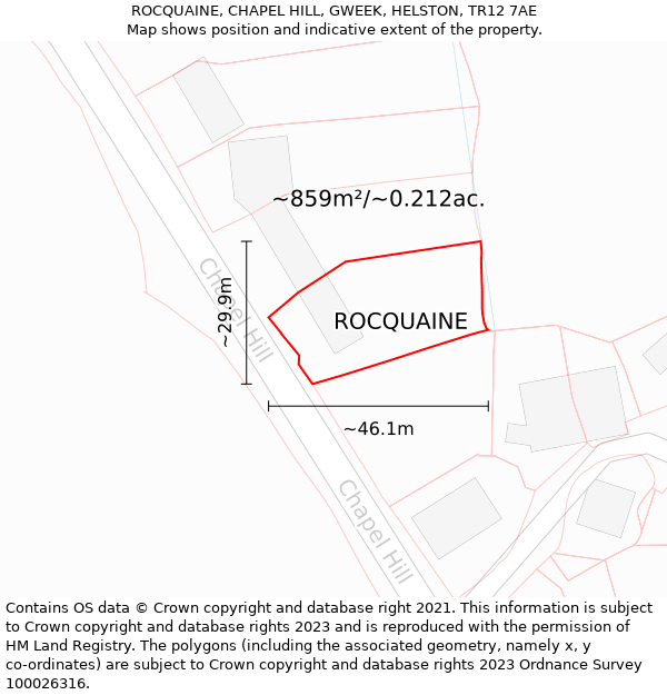 ROCQUAINE, CHAPEL HILL, GWEEK, HELSTON, TR12 7AE: Plot and title map