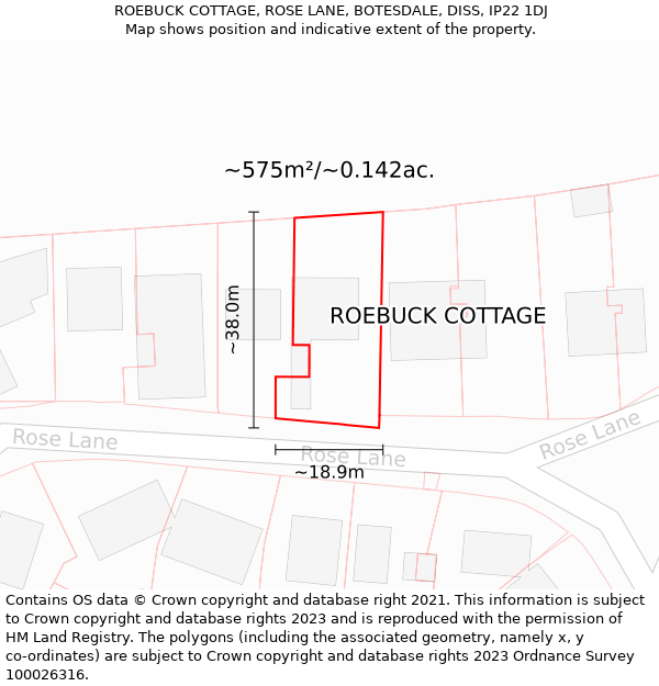 ROEBUCK COTTAGE, ROSE LANE, BOTESDALE, DISS, IP22 1DJ: Plot and title map