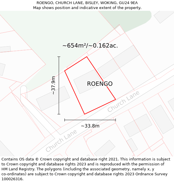 ROENGO, CHURCH LANE, BISLEY, WOKING, GU24 9EA: Plot and title map