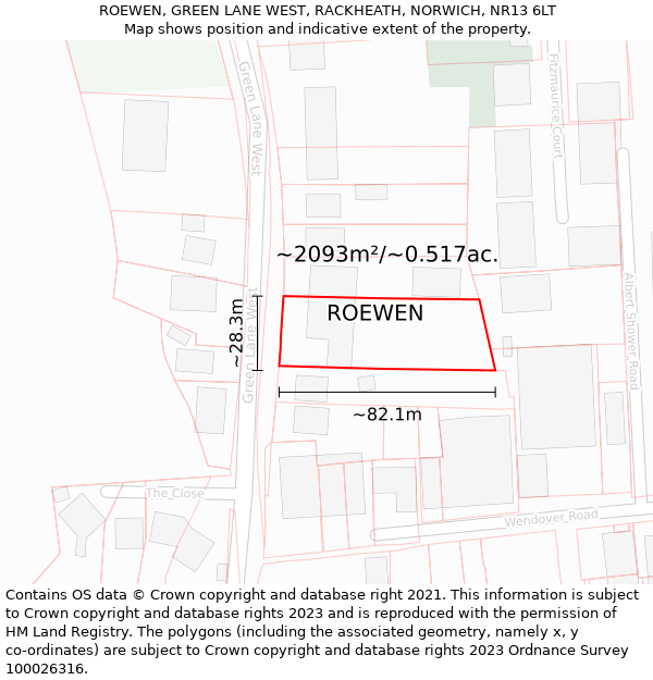 ROEWEN, GREEN LANE WEST, RACKHEATH, NORWICH, NR13 6LT: Plot and title map